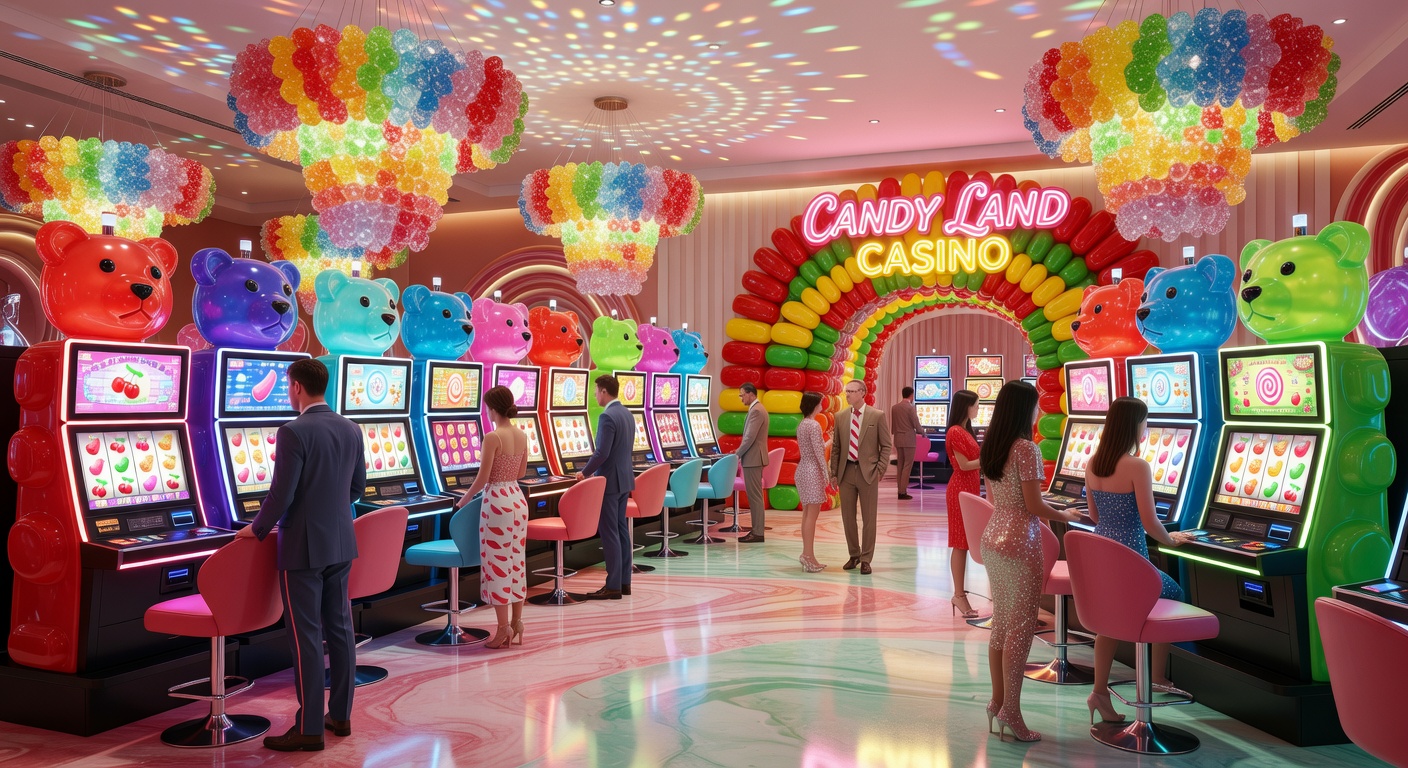 Dynamic screenshot of Candy Land Casino's slot reels spinning with exploding candy symbols and jackpot counters ticking upward
