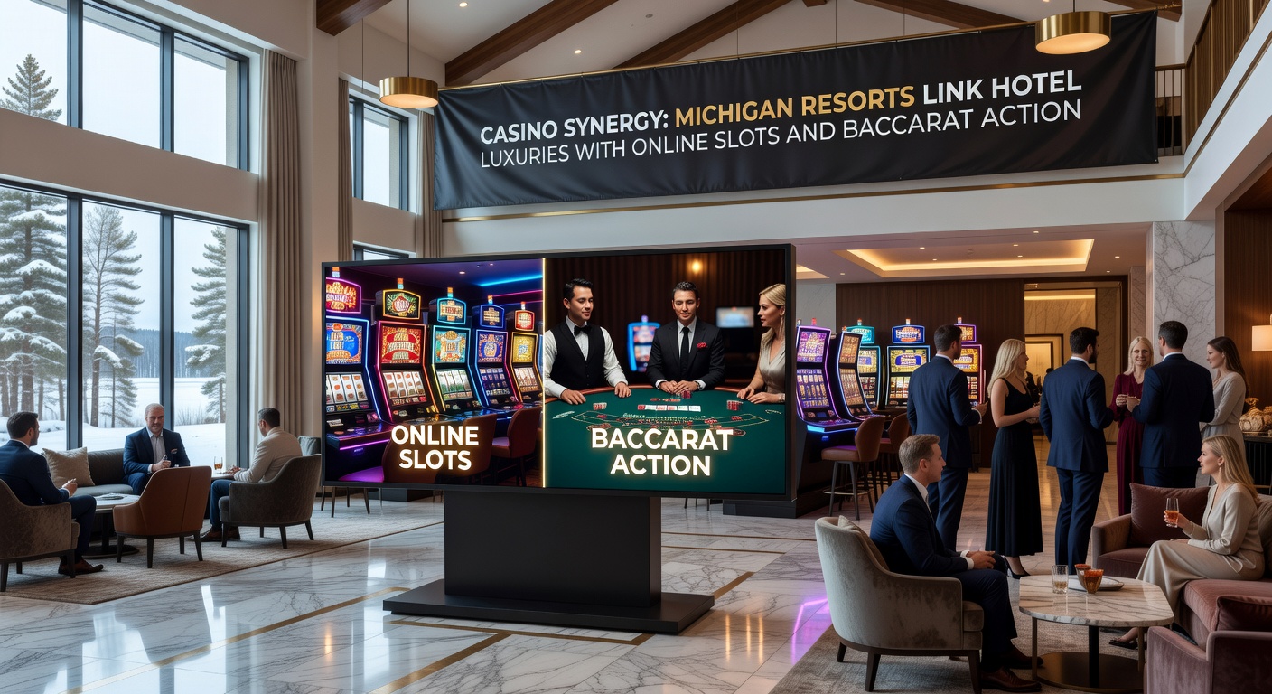 Elegant baccarat table inside a Michigan casino resort, surrounded by slot machines and players, with a hotel lobby visible in the background through glass walls
