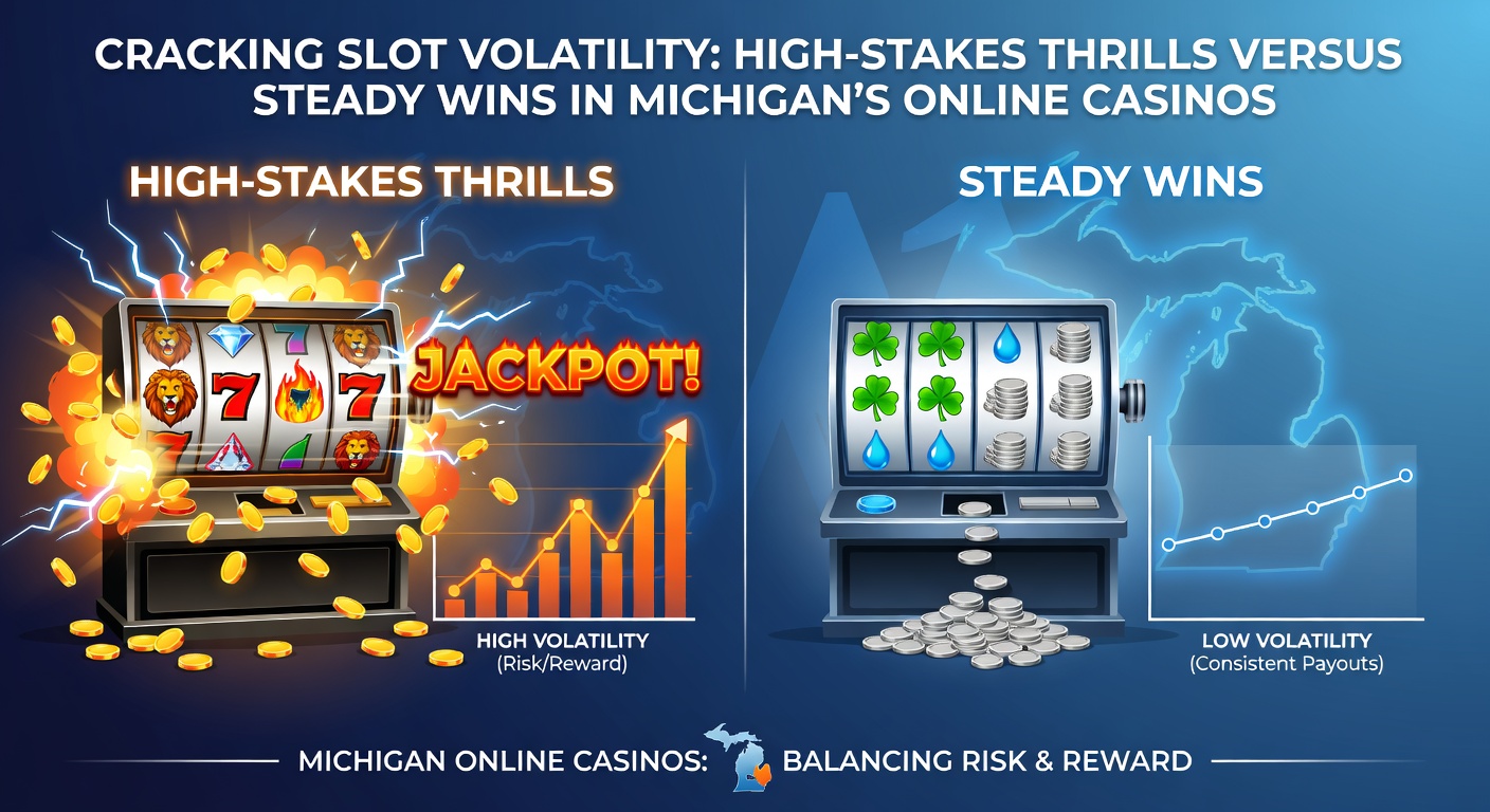 Comparison chart of low and high volatility slot payout graphs, showing steady lines versus dramatic peaks in a Michigan online casino setting