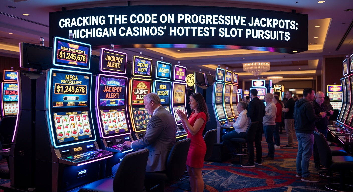 Close-up of a progressive jackpot meter on a Michigan slot machine, ticking upward amid flashing lights and cheering players