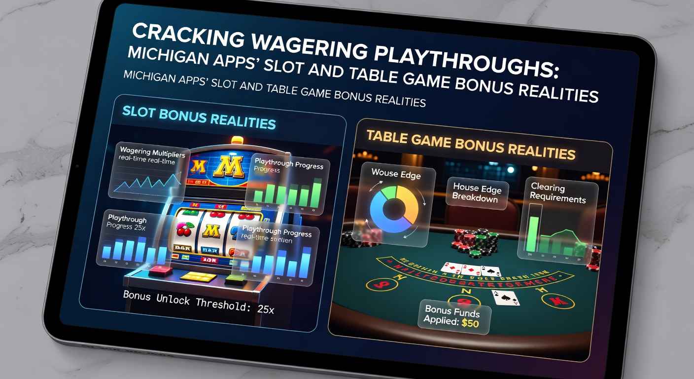 Close-up of blackjack and roulette tables on a Michigan mobile casino app, with overlaid wagering contribution charts and bonus meter progress bars illustrating playthrough differences