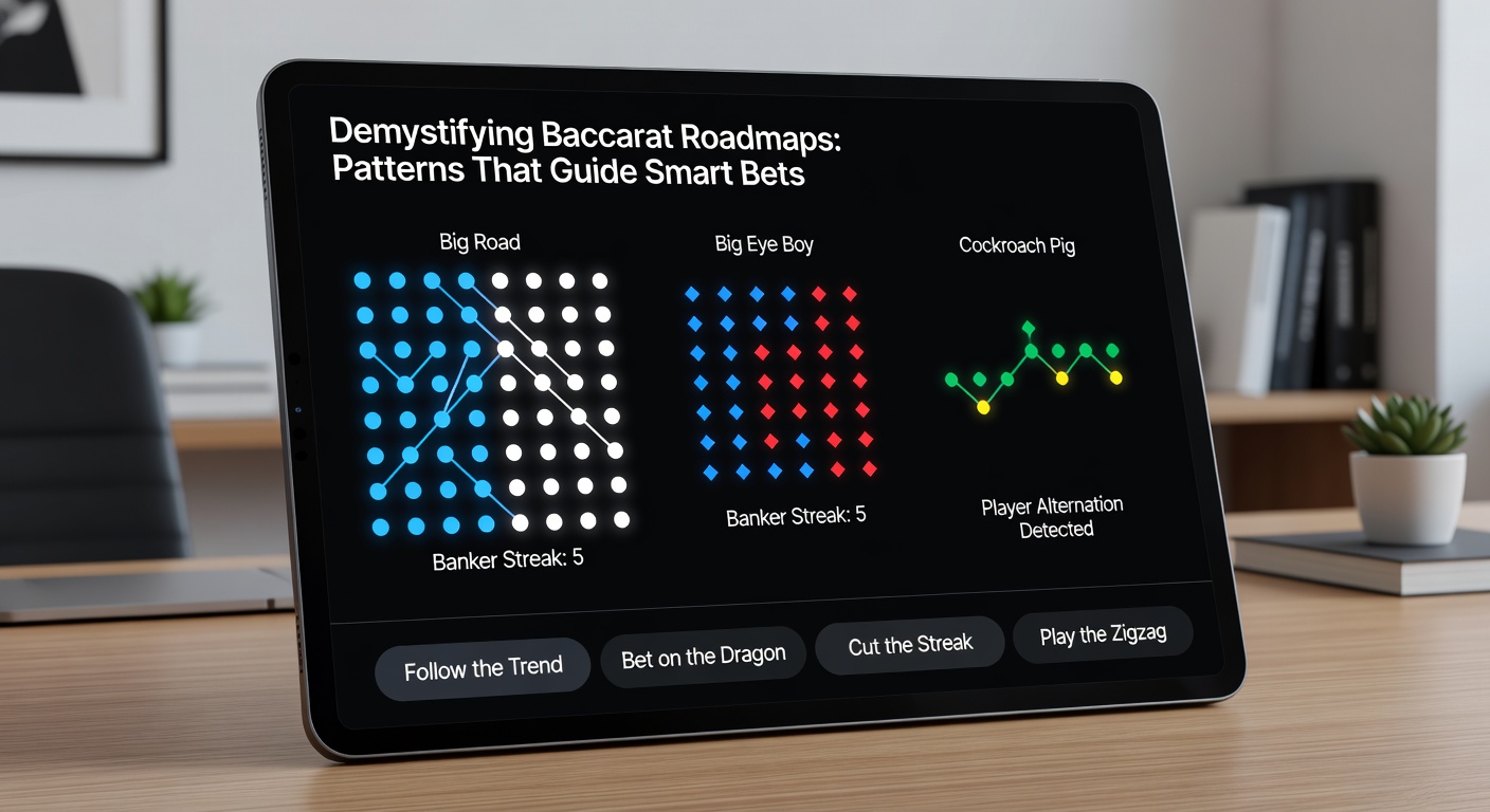 Close-up of multiple baccarat roadmaps side-by-side, highlighting Big Eye Boy and Cockroach Road patterns in a live game