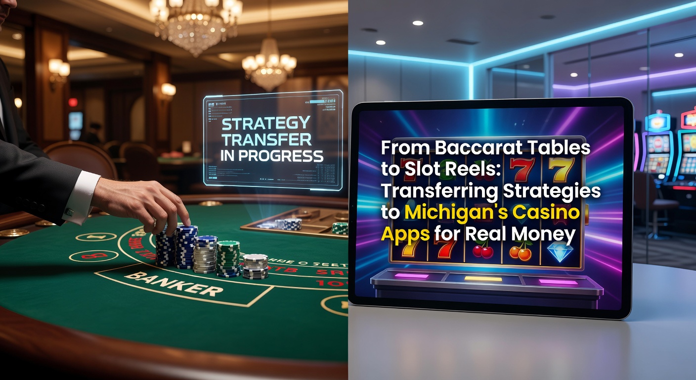 Michigan casino app interface showing slot reels with baccarat strategy overlay, emphasizing bankroll tools and RTP displays for real money sessions