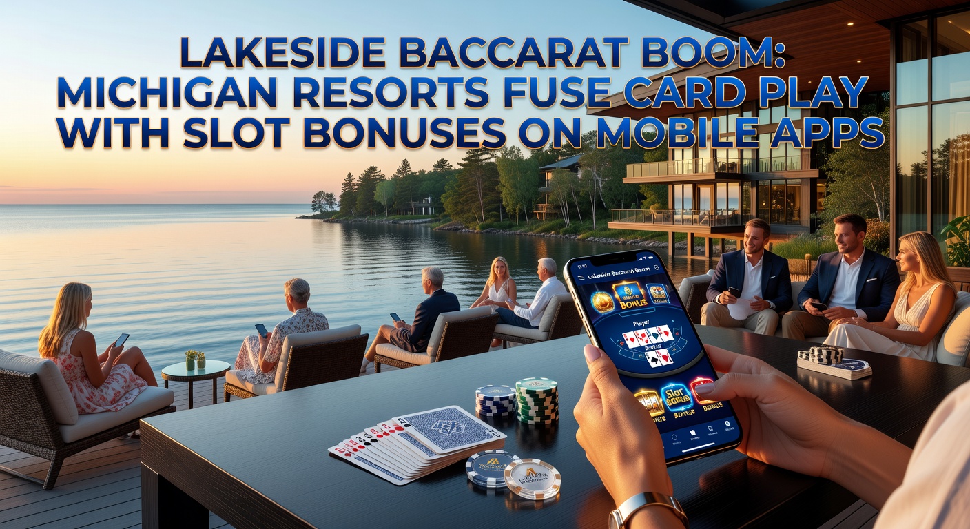 Mobile app screen showing baccarat win triggering slot bonus with lakeside resort backdrop