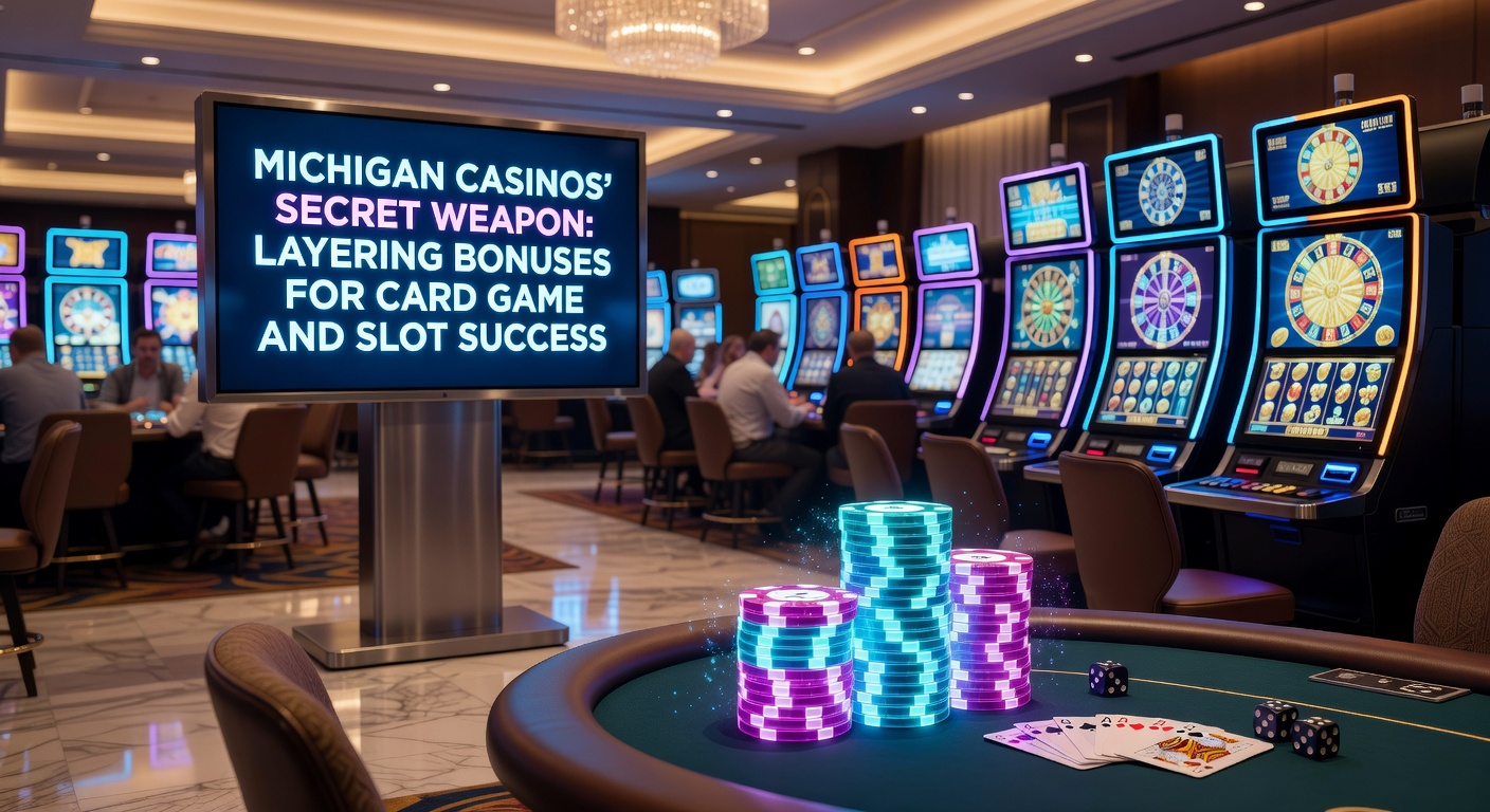 Close-up of a blackjack table at a Michigan casino with digital bonus overlays and slot screens in the background