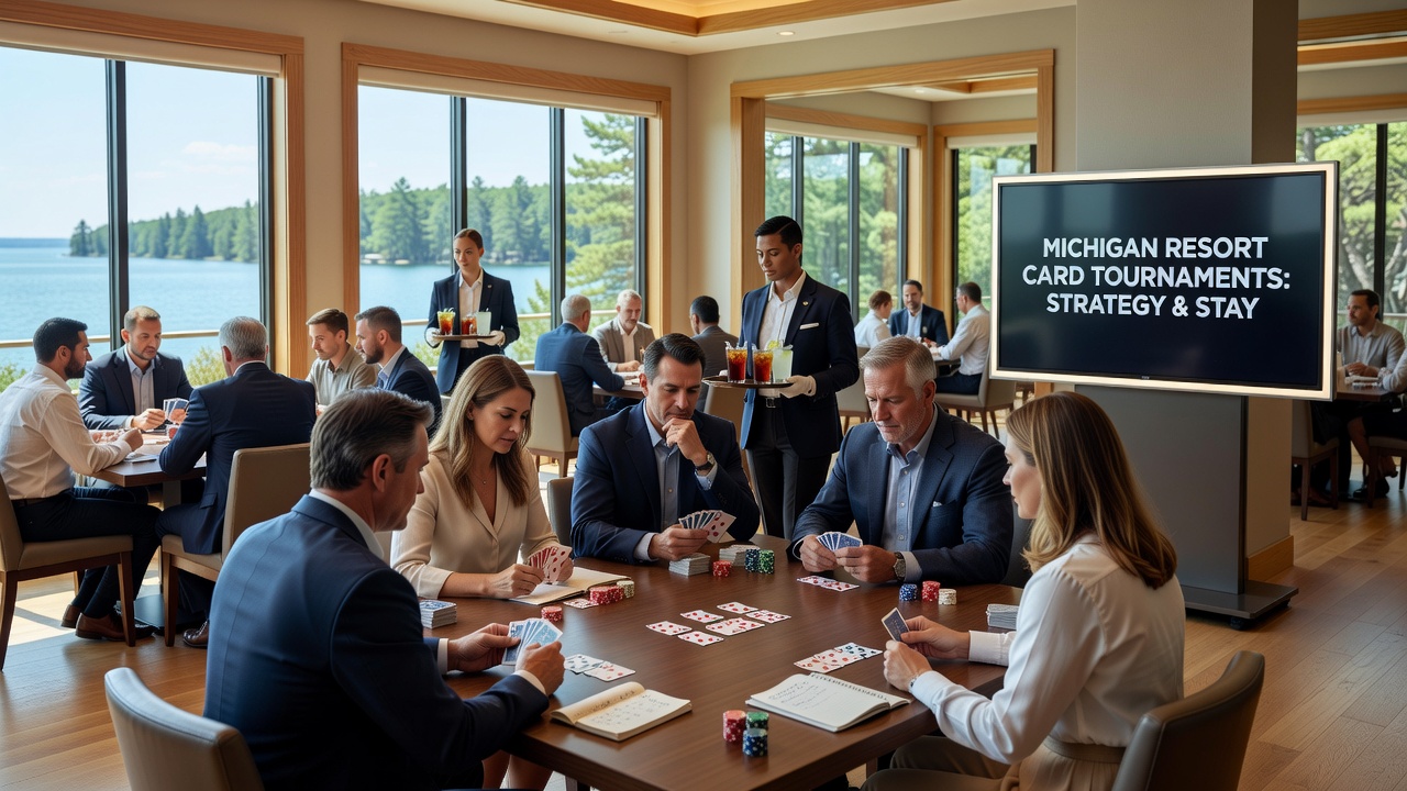 Players engaged in a poker tournament at a Michigan resort with hotel and dining areas visible in background