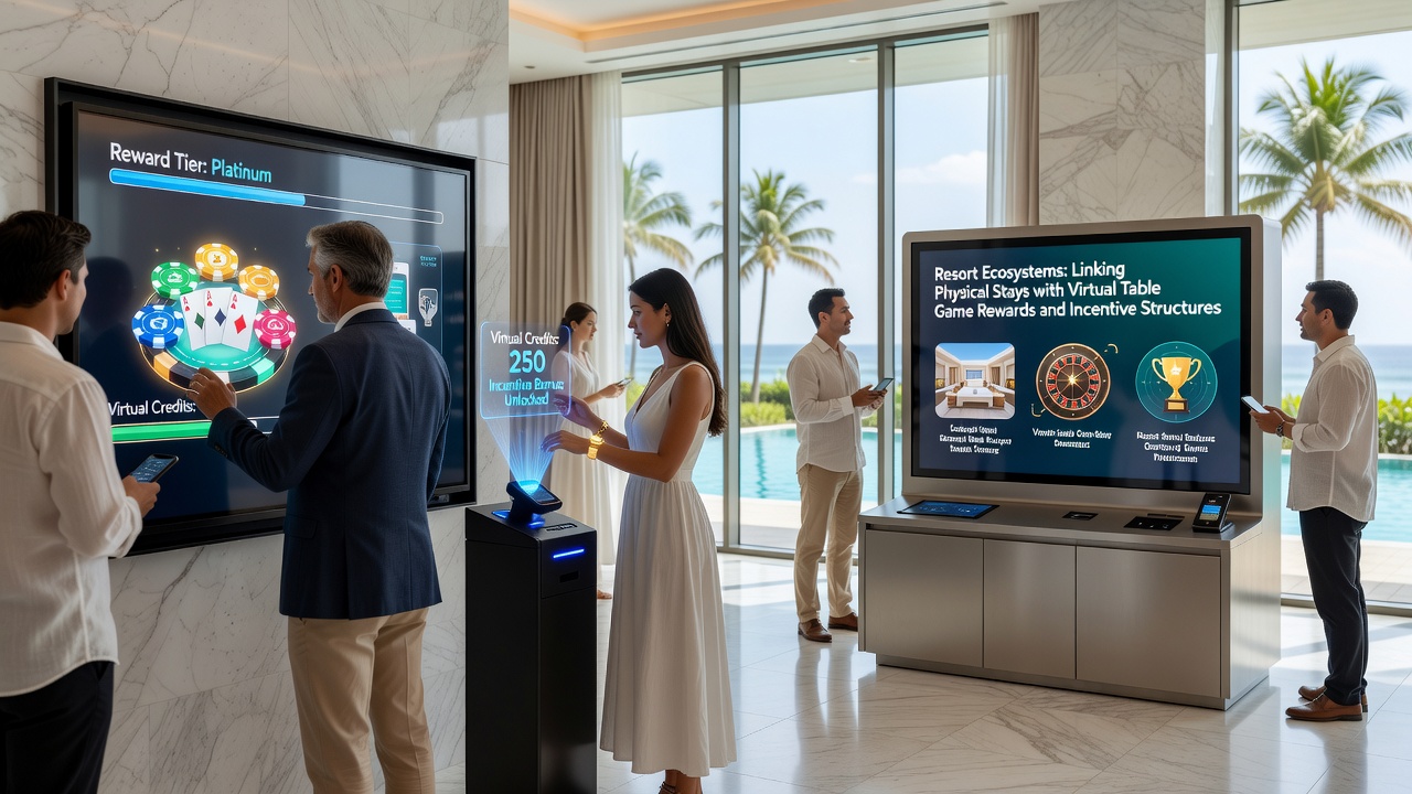 Digital interface displaying virtual table game dashboard integrated with resort loyalty points and stay-based reward notifications