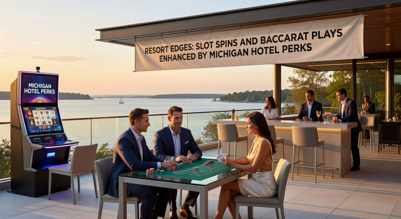Elegant baccarat table inside a Michigan casino resort, surrounded by players and dealers, with hotel comp slips visible and a backdrop of shimmering chandeliers