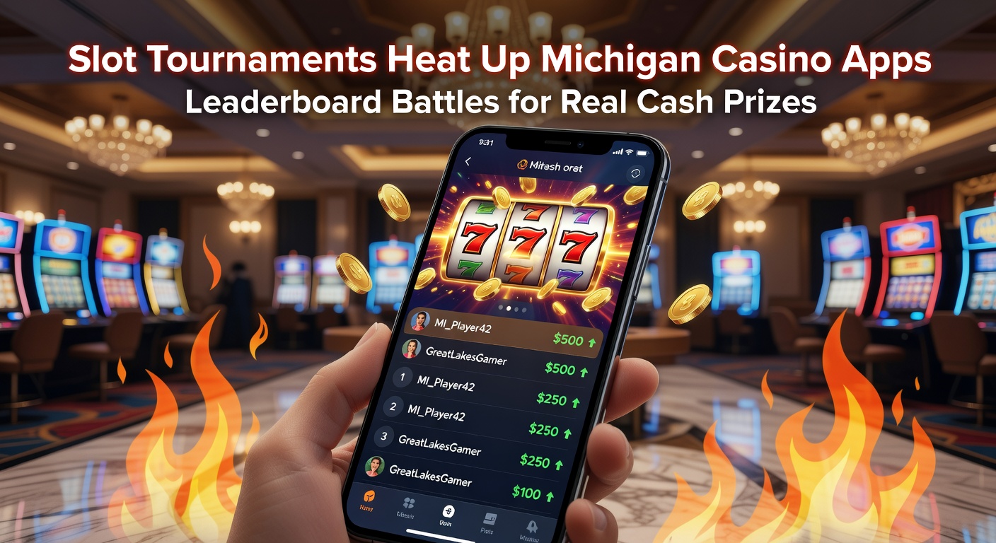 Excited mobile player checking slot tournament leaderboard on Michigan casino app, with cash prize icons glowing