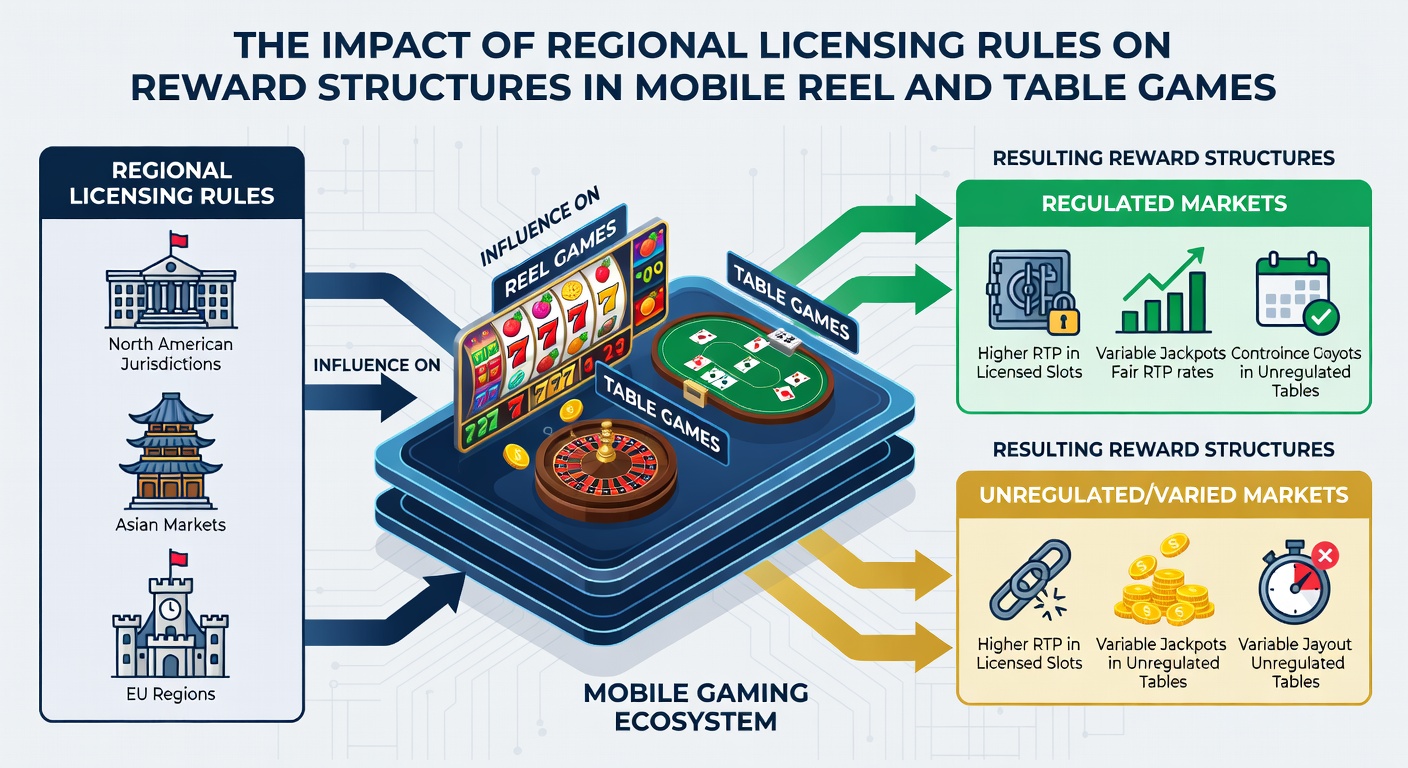 Mobile gaming interfaces displaying location-specific reward structures shaped by licensing compliance
